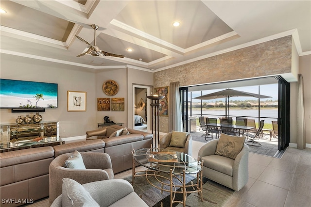 7478 Winding Cypress Dr, Naples, FL 34114 - living area with crown molding, a ceiling fan, coffered ceiling, a water view, and beam ceiling