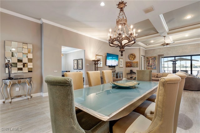 7478 Winding Cypress Dr, Naples, FL 34114 - dining room featuring a chandelier, crown molding, coffered ceiling, recessed lighting, and beamed ceiling