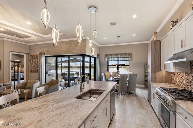 7478 Winding Cypress Dr, Naples, FL 34114 - kitchen with stainless steel appliances, under cabinet range hood, ornamental molding, light stone countertops, and recessed lighting