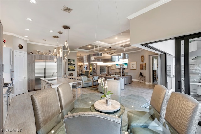 7478 Winding Cypress Dr, Naples, FL 34114 - dining area featuring recessed lighting, crown molding, coffered ceiling, beam ceiling, and a chandelier