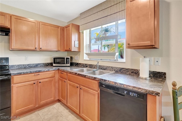6425 Estero Bay Dr, Fort Myers, FL 33908 - kitchen featuring black appliances, dark countertops, light tile patterned floors, and under cabinet range hood