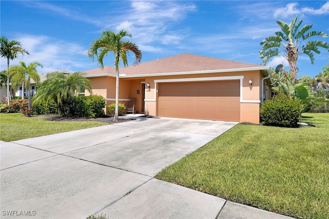 6425 Estero Bay Dr, Fort Myers, FL 33908 - ranch-style house featuring driveway, a garage, a front lawn, and stucco siding