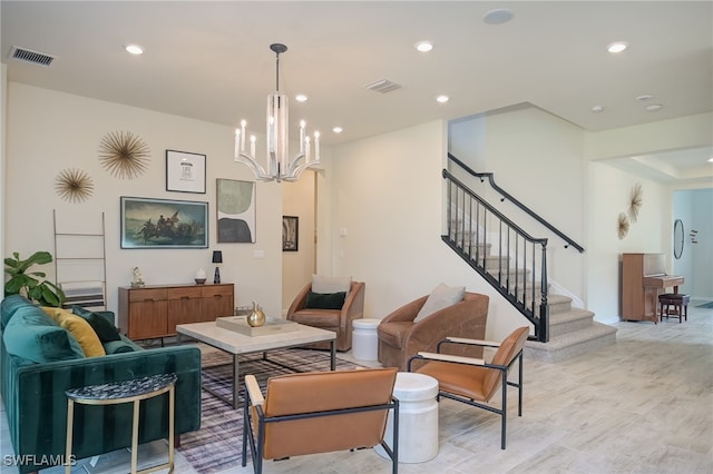 4442 Battlecreek Way, Ave Maria, FL 34142 - living area with stairs, a chandelier, recessed lighting, and light wood-style flooring