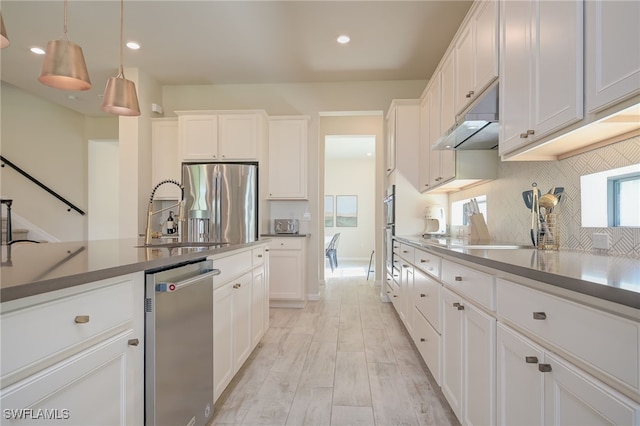 4442 Battlecreek Way, Ave Maria, FL 34142 - kitchen featuring stainless steel appliances, under cabinet range hood, backsplash, light wood-style floors, and white cabinets