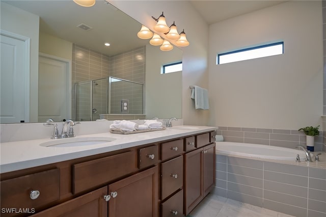 4442 Battlecreek Way, Ave Maria, FL 34142 - bathroom featuring double vanity, a shower stall, a bath, and tile patterned flooring