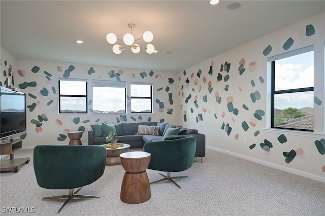 4442 Battlecreek Way, Ave Maria, FL 34142 - living room with wallpapered walls, carpet, a chandelier, and recessed lighting