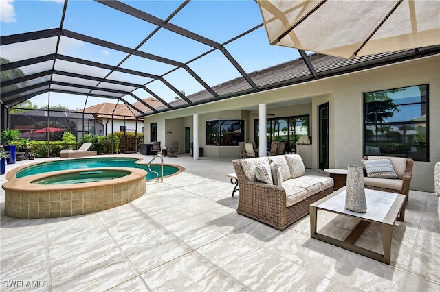 7637 Mulberry Ln, Naples, FL 34114 - swimming pool featuring an in-ground hot tub, a patio, an outdoor hangout area, and glass enclosure