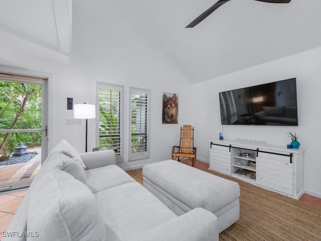 1271 Solana Rd Unit E4, Naples, FL 34103 - living area featuring a ceiling fan and high vaulted ceiling