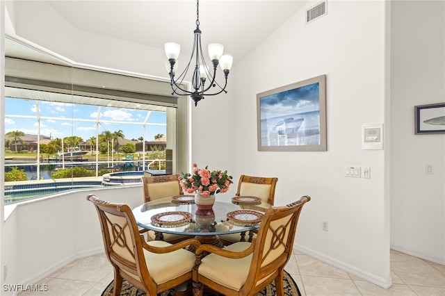 3615 Tripoli Blvd, Punta Gorda, FL 33950 - dining room with a chandelier, light tile patterned flooring, and a water view