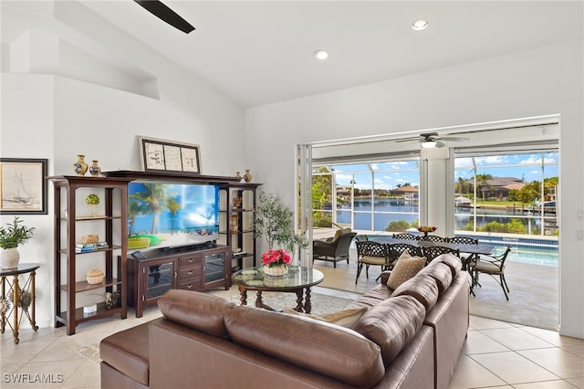3615 Tripoli Blvd, Punta Gorda, FL 33950 - living room with ceiling fan, light tile patterned flooring, lofted ceiling, and recessed lighting