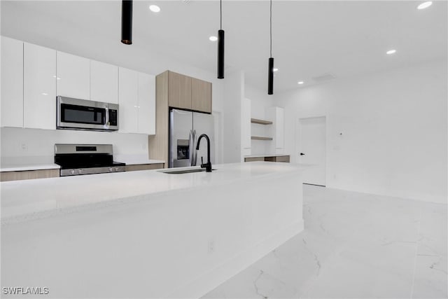3202 21st St W, Lehigh Acres, FL 33971 - kitchen featuring appliances with stainless steel finishes, light marble finish flooring, open shelves, recessed lighting, and modern cabinets
