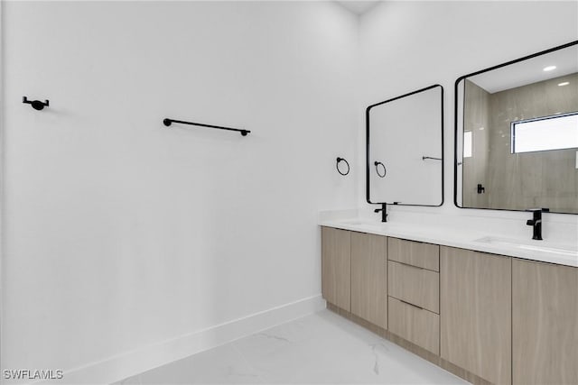 3202 21st St W, Lehigh Acres, FL 33971 - full bath featuring marble finish flooring, double vanity, a shower, and recessed lighting