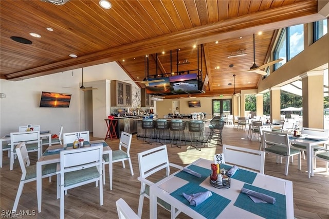 3760 Sawgrass Way Unit 3514, Naples, FL 34112 - dining space with wooden ceiling, ceiling fan, high vaulted ceiling, recessed lighting, and wood finished floors