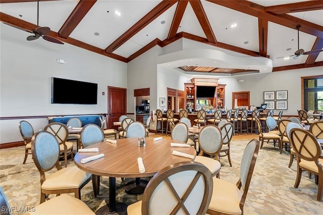 3760 Sawgrass Way Unit 3514, Naples, FL 34112 - dining room featuring ceiling fan, high vaulted ceiling, beam ceiling, and recessed lighting