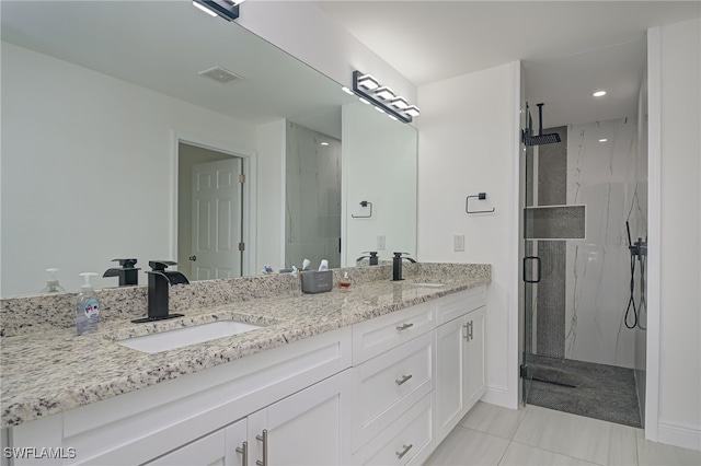 601 Clayton Ave, Lehigh Acres, FL 33972 - bathroom featuring a marble finish shower, double vanity, and recessed lighting