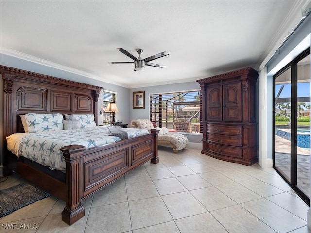1431 SW 53rd Ln, Cape Coral, FL 33914 - bedroom featuring access to exterior, multiple windows, crown molding, and light tile patterned floors