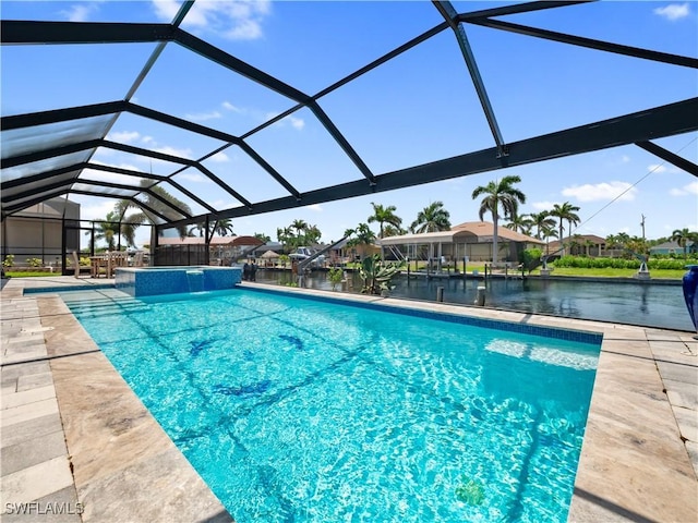 1431 SW 53rd Ln, Cape Coral, FL 33914 - view of pool featuring a patio area, glass enclosure, a water view, and a residential view