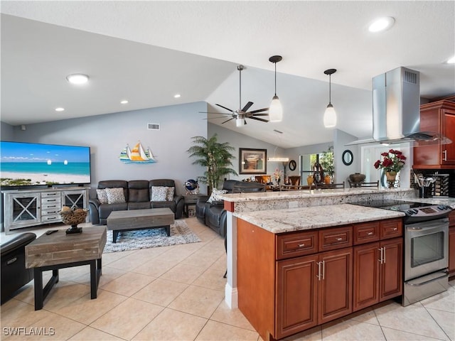 1431 SW 53rd Ln, Cape Coral, FL 33914 - kitchen featuring stainless steel electric range, wall chimney exhaust hood, a peninsula, open floor plan, and vaulted ceiling
