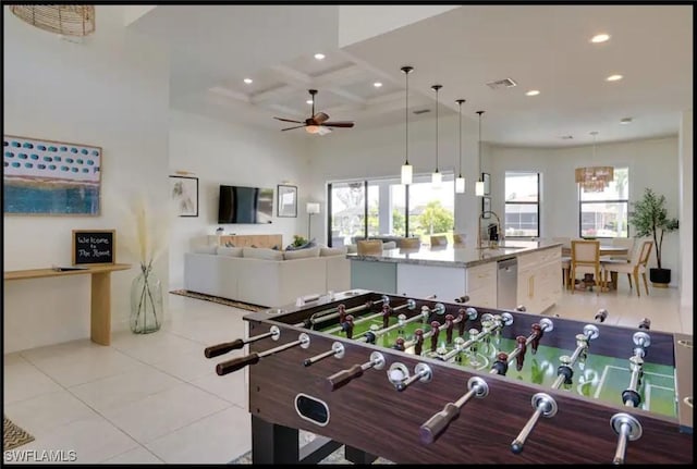 2229 SW 17th Pl, Cape Coral, FL 33991 - rec room featuring recessed lighting, coffered ceiling, a ceiling fan, beamed ceiling, and tile patterned flooring