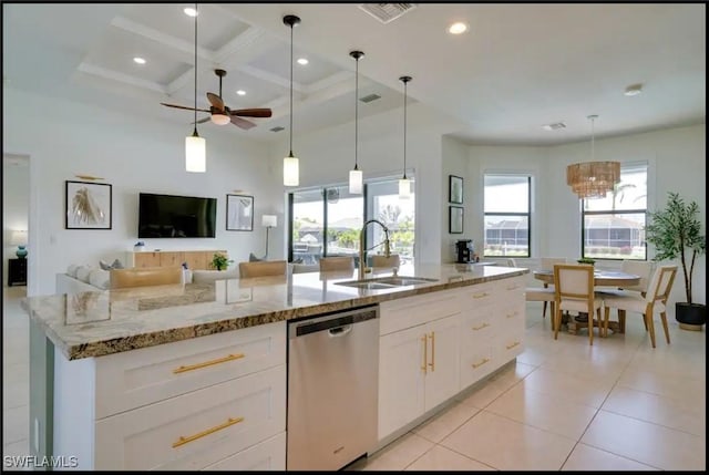 2229 SW 17th Pl, Cape Coral, FL 33991 - kitchen with dishwasher, coffered ceiling, ceiling fan, beamed ceiling, and light stone counters