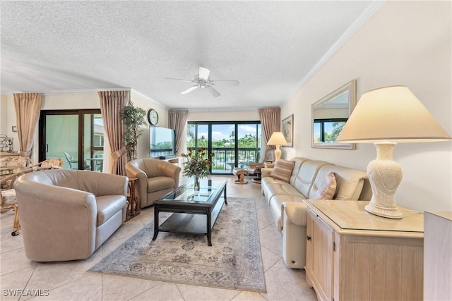 519 Seaview Ct Unit N4, Marco Island, FL 34145 - living room with ceiling fan, ornamental molding, light tile patterned flooring, and a textured ceiling