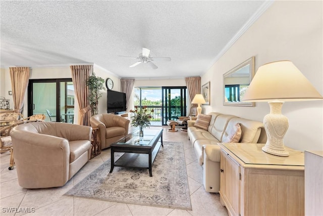 519 Seaview Ct Unit N4, Marco Island, FL 34145 - living room featuring a ceiling fan, crown molding, light tile patterned floors, and a textured ceiling