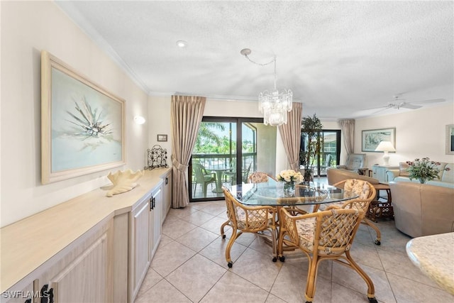 519 Seaview Ct Unit N4, Marco Island, FL 34145 - dining space featuring crown molding, a textured ceiling, a chandelier, light tile patterned flooring, and ceiling fan