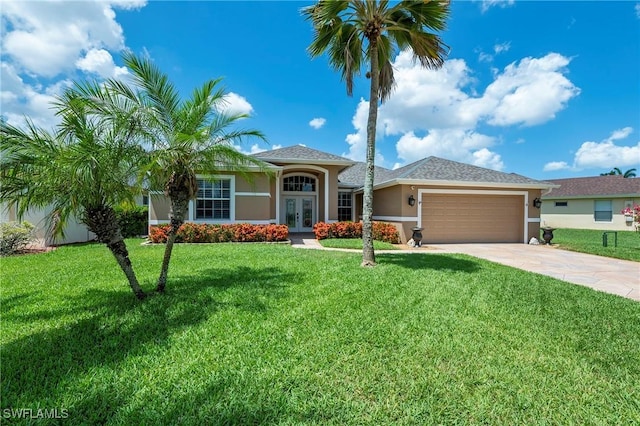 1962 Terrazzo Ln, Naples, FL 34104 - ranch-style home featuring french doors, stucco siding, a garage, driveway, and a front lawn