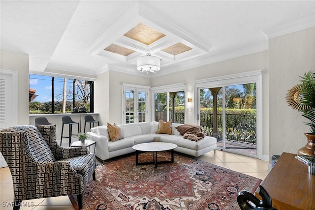 5850 Pelican Bay Blvd Unit C, Naples, FL 34108 - sunroom / solarium with plenty of natural light, coffered ceiling, a chandelier, and beamed ceiling