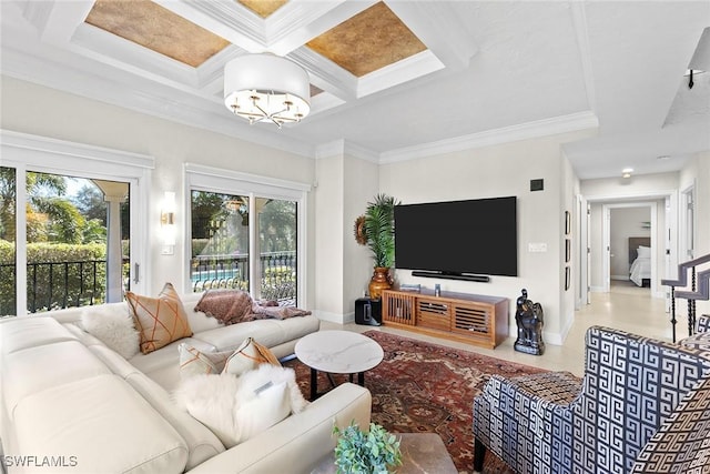 5850 Pelican Bay Blvd Unit C, Naples, FL 34108 - living area with ornamental molding, coffered ceiling, a chandelier, and beamed ceiling