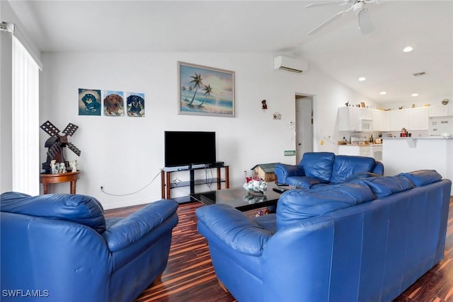 1439 SW Embers Ter, Cape Coral, FL 33991 - living room featuring dark wood-type flooring, an AC wall unit, ceiling fan, vaulted ceiling, and recessed lighting