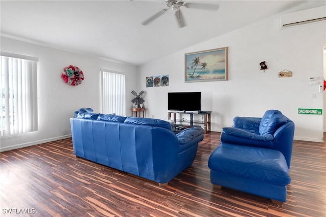 1439 SW Embers Ter, Cape Coral, FL 33991 - living area featuring lofted ceiling, a wall mounted air conditioner, ceiling fan, and wood finished floors