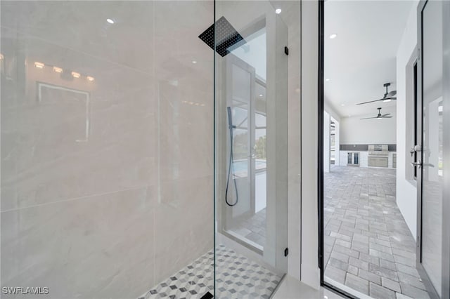 1405 SW 28th Ter, Cape Coral, FL 33914 - full bathroom with a walk in shower, ceiling fan, and french doors