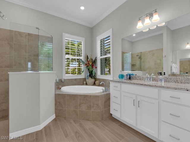 15904 Talon Ter, Punta Gorda, FL 33982 - full bath featuring a walk in shower, vanity, a bath, crown molding, and recessed lighting