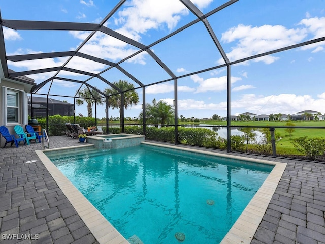 15904 Talon Ter, Punta Gorda, FL 33982 - view of pool with a patio, a pool with connected hot tub, a water view, and a lanai