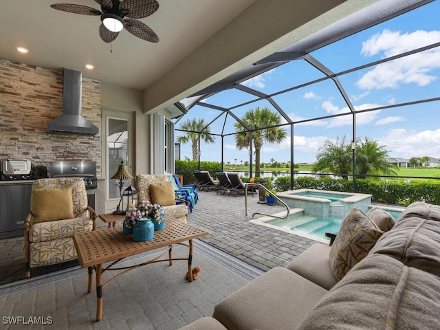 15904 Talon Ter, Punta Gorda, FL 33982 - view of patio / terrace featuring an outdoor kitchen, a ceiling fan, a pool with connected hot tub, glass enclosure, and outdoor lounge area