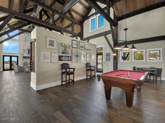 15904 Talon Ter, Punta Gorda, FL 33982 - game room featuring high vaulted ceiling, billiards, dark wood-style floors, and beamed ceiling