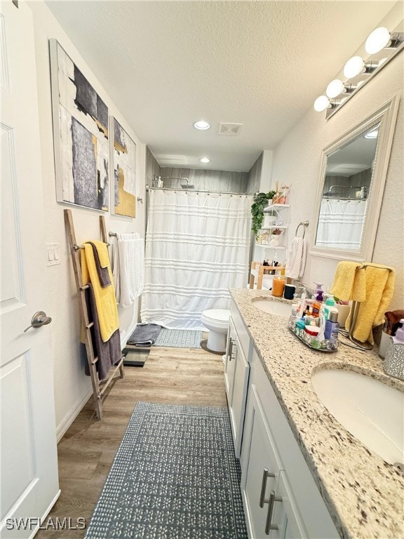 3006 Base Ct, Labelle, FL 33935 - bathroom featuring double vanity, wood finished floors, a textured ceiling, a shower with shower curtain, and recessed lighting