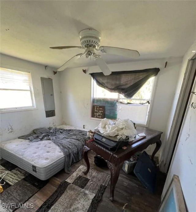 2027 Mark Ave, Punta Gorda, FL 33950 - bedroom featuring wood finished floors, electric panel, and ceiling fan