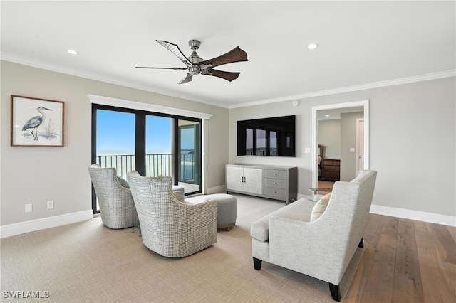 1100 S Collier Blvd Unit 723, Marco Island, FL 34145 - living area featuring crown molding, a ceiling fan, recessed lighting, and light wood-style floors