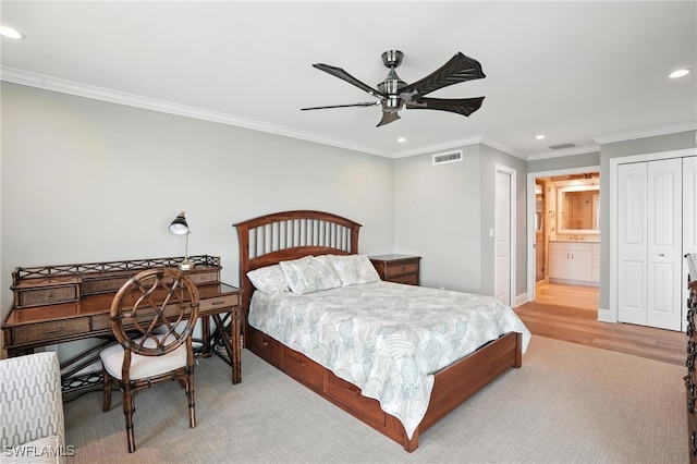 1100 S Collier Blvd Unit 723, Marco Island, FL 34145 - bedroom featuring recessed lighting, ornamental molding, light wood-type flooring, ceiling fan, and ensuite bath