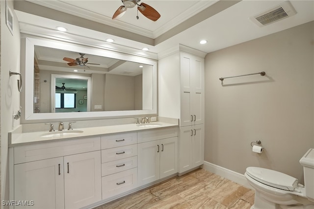 1100 S Collier Blvd Unit 723, Marco Island, FL 34145 - bathroom with a ceiling fan, crown molding, double vanity, and recessed lighting