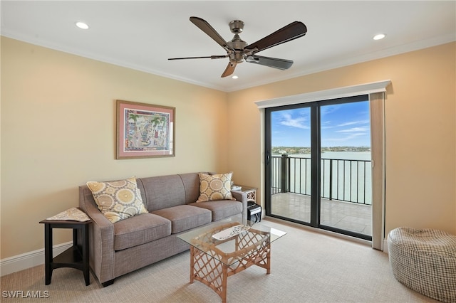 1100 S Collier Blvd Unit 723, Marco Island, FL 34145 - carpeted living area with ceiling fan, recessed lighting, ornamental molding, and a water view