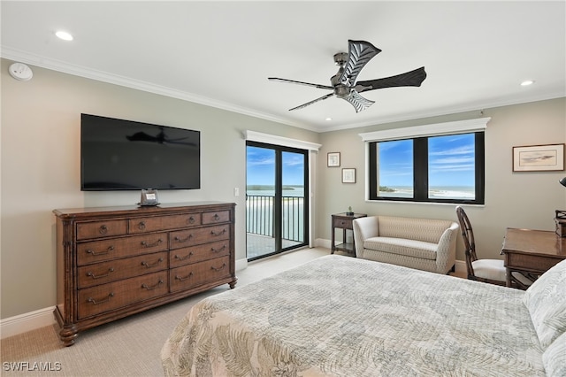 1100 S Collier Blvd Unit 723, Marco Island, FL 34145 - bedroom with access to exterior, recessed lighting, light carpet, crown molding, and a ceiling fan