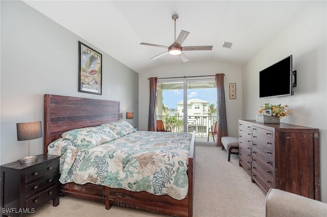 830 San Carlos Dr, Fort Myers Beach, FL 33931 - bedroom featuring light carpet, access to exterior, vaulted ceiling, and a ceiling fan