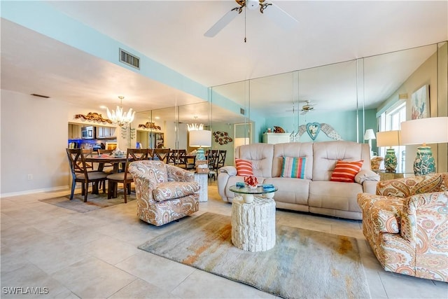 4531 Bay Beach Ln Unit 337, Fort Myers Beach, FL 33931 - living area featuring a ceiling fan, a chandelier, and tile patterned floors