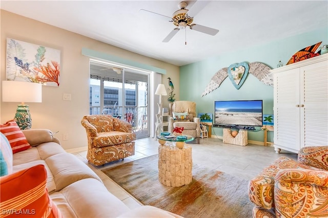 4531 Bay Beach Ln Unit 337, Fort Myers Beach, FL 33931 - living room with tile patterned floors and a ceiling fan