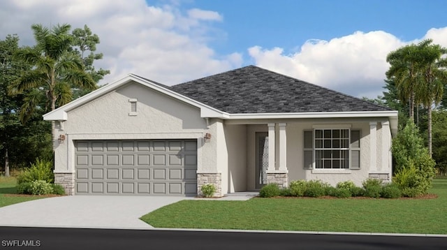 20465 Copperhead Dr, Lehigh Acres, FL 33936 - ranch-style house featuring stone siding, a garage, and a front yard