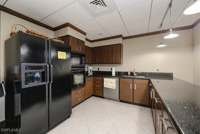 7515 Pelican Bay Blvd Unit 8A, Naples, FL 34108 - kitchen with black appliances, ornamental molding, pendant lighting, dark stone counters, and light tile patterned floors