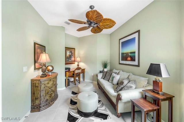 24320 Sandpiper Isle Way Unit 202, Bonita Springs, FL 34134 - living area with a ceiling fan, an office area, and light tile patterned floors